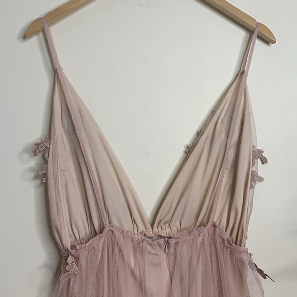 Dusty Rose Plunge Front Backless Tulle Train Floral Applique Gown Slip Dress M - Picture 11 of 16